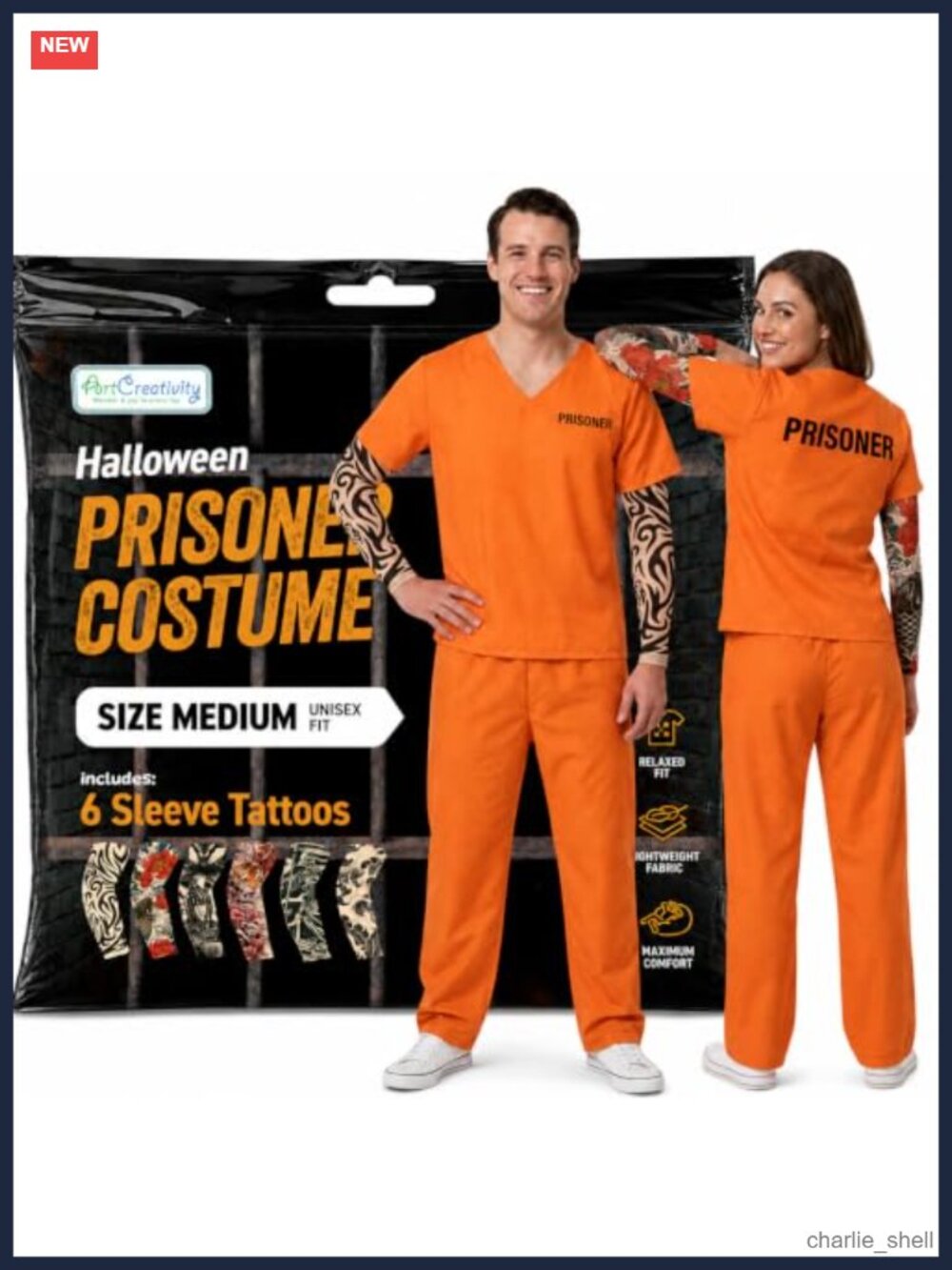 Adult Prisoner Costume 6 Sleeve Tattoos Halloween Convict Outfit Cosplay Set